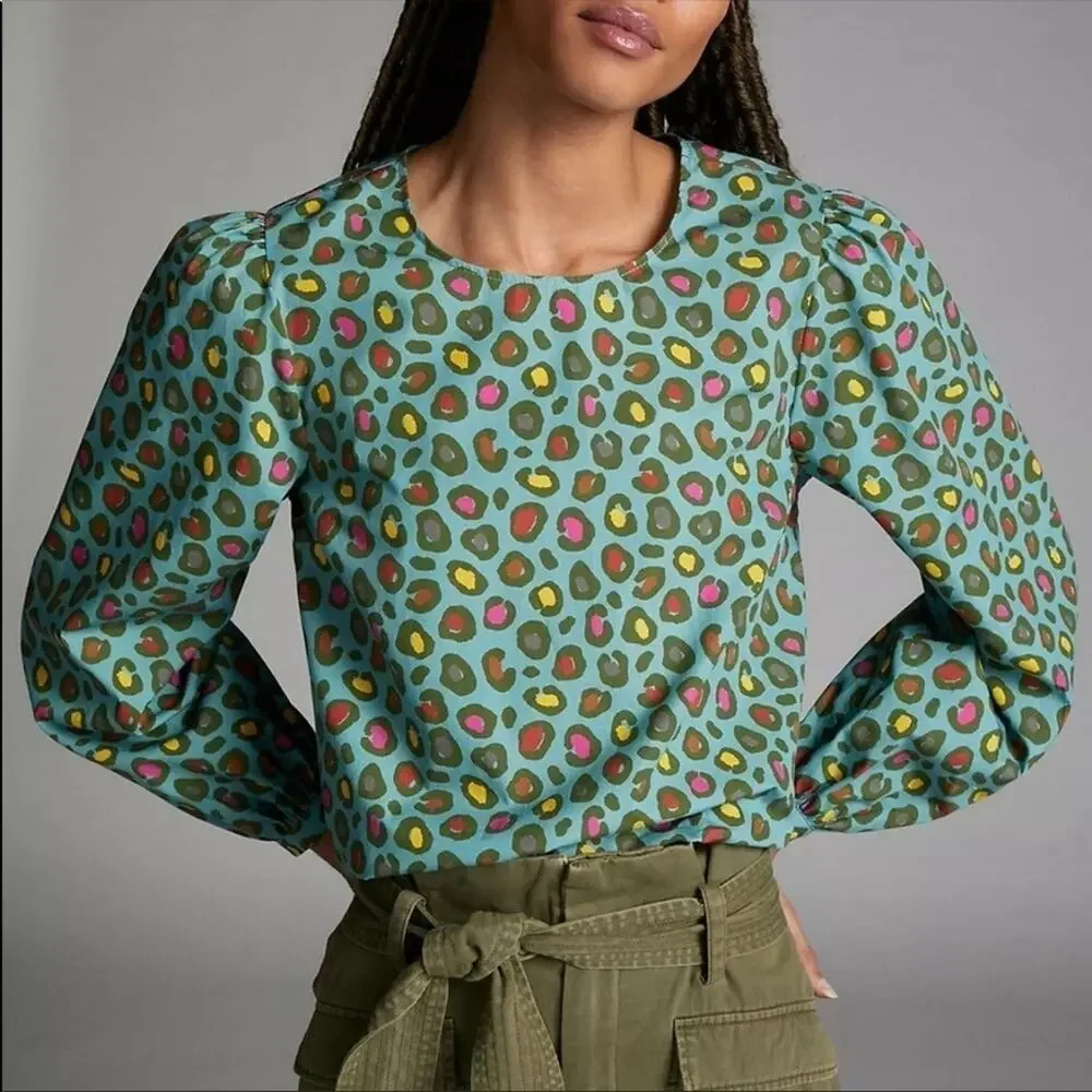 Anthropologie x Farm Rio Hanya Puff Sleeve Blouse Turquoise Colorful Leopard NEW